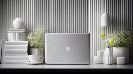 A modern and serene desk arrangement featuring a silver laptop, a stack of white books, a cup of coffee, and delicate flowers in vases.