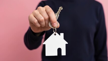 Hand holds key with house keychain against pink backdrop - Powered by Adobe