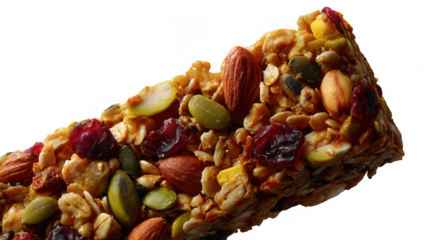 Close up of a nutritious granola bar with nuts, seeds, and dried fruit isolated on transparent background