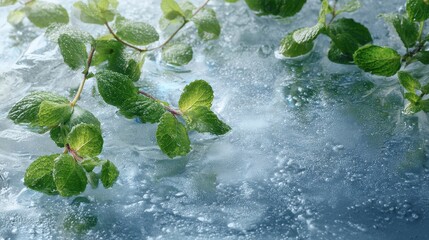 Fresh Green Leaves on a Textured Blue Surface, Abstract Nature Still Life.