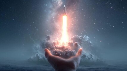 A rocket launches into the night sky, propelled by bright flames, emerging from a human hand against a cosmic backdrop