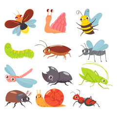 Set of adorable and funny cartoon insects, bugs, and garden creatures like bees, ants, and snails