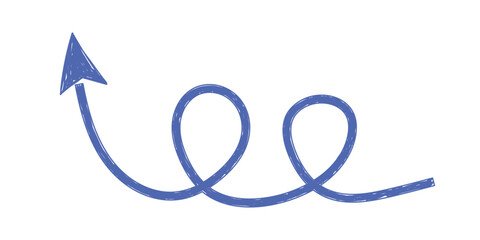 Hand drawn crayon movement blue arrow. Grunge squiggly arrow. Pencil chalk lines sketch. Color brush scribble element. Doodle vector illustration.