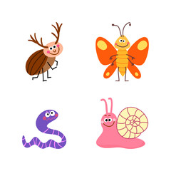 Cartoon Insect Group Featuring Beetle, Butterfly, Worm, and Snail All Smiling