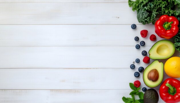 Top view of colorful organic vegetables and fruits on wooden table high resolution photo
