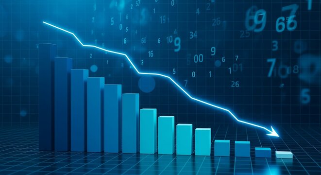 Dramatic business decline with falling bar chart and glowing arrow showing financial loss for investors in a market downturn or recession concept