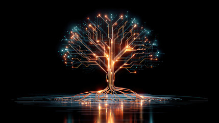 Awe inspiring glowing digital tree with circuit branches and roots represents technology network, growth, and futuristic innovation concept