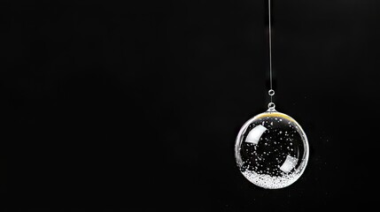 A clear glass sphere filled with tiny white particles and suspended by a thin thread against a solid black background.