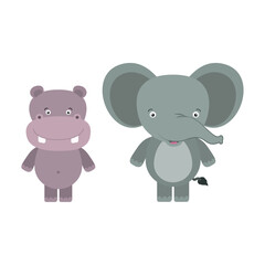 Fototapeta premium Adorable Cartoon Elephant and Hippo Characters Standing Side by Side