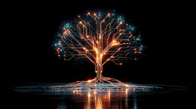Awe inspiring glowing digital tree with circuit branches and roots represents technology network, growth, and futuristic innovation concept