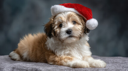 Cute adorable havanese puppy dog wearing Christmas hat. festive animal pet rests calmly for holiday portrait on gray background