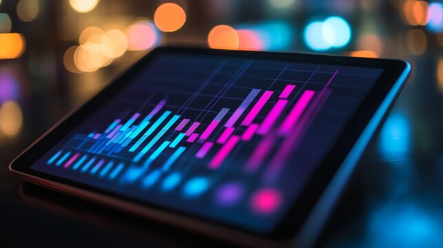 Modern tablet displaying vibrant financial data charts for business analysis and strategic planning in a dynamic, tech-forward environment