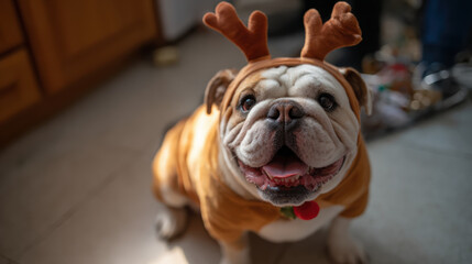 Adorable and happy bulldog dog in funny christmas reindeer costume with antler sitting indoor looking up at camera for festive pet portrait