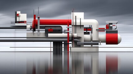 An abstract, futuristic architectural structure composed of white and gray geometric shapes and red pipes, reflected in a still surface.