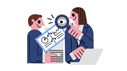 Animated cartoon business team reviewing charts with magnifying glass in focused audit mood
 - Powered by Adobe