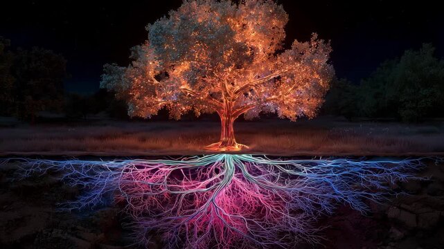 A tree with glowing roots system provides a captivating sight under a starry night sky in a tranquil landscape