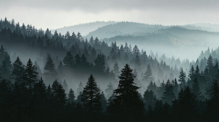 Fototapeta premium Serene moody forest landscape with misty foggy mountain hill view. scenic outdoor background of evergreen trees in tranquil wilderness scene