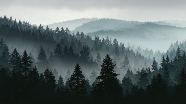 Serene moody forest landscape with misty foggy mountain hill view. scenic outdoor background of evergreen trees in tranquil wilderness scene