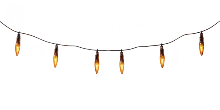 Festive string lights with warm yellow bulbs isolated on transparent background, perfect for holiday decorations and celebrations