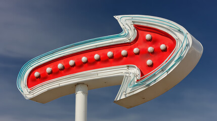 Big red retro arrow sign shows direction. This blank vintage curving sign evokes nostalgic feeling. classic roadside advertisement symbol