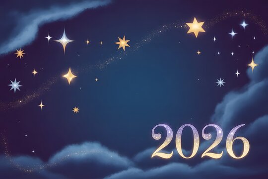 2026 glowing numbers in starry night sky with clouds