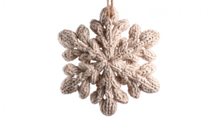 Elegant knitted snowflake ornament isolated on transparent background, perfect for adding a touch of cozy winter charm