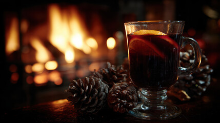 Glass of warm mulled wine by cozy romantic fireplace at home in winter. relaxing fire provides warm glow for peaceful evening