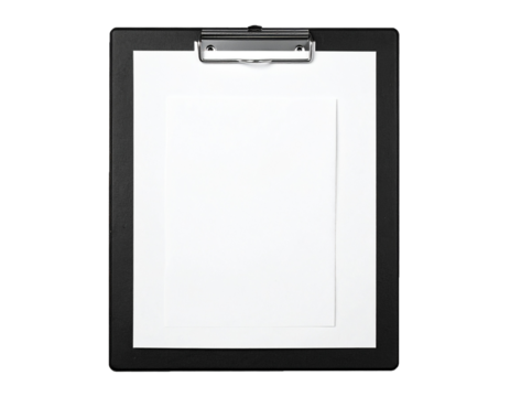 Office Clipboard with Metal Clip Holding Empty A4 Paper on White