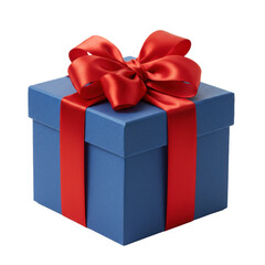 Obraz premium ultra-photorealistic macro shot of a cerulean blue cubed gift box with a precise scarlet red satin bow, isolated on transparent background, showcasing luxury textures. concept of premium gift-giving