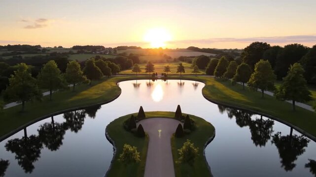 Serene Garden Vista at Sunset: A tranquil scene unfolds as the sun dips below the horizon, casting a warm glow over a formal garden with a reflective lake. The meticulously planned landscape.