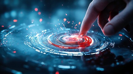 A finger presses a glowing red button on a futuristic digital interface, surrounded by blue lights and sparks.