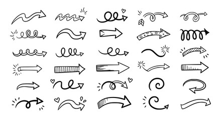 Hand drawn arrow collection, sketch doodle pointers isolated on transparent background