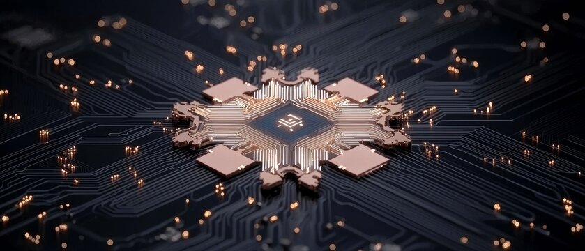 A detailed view of a complex central processing unit (CPU) with copper connections and a dark motherboard, featuring glowing lights.