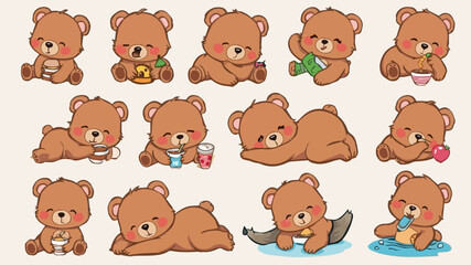 set of kawaii brown bear different activity cartoon design