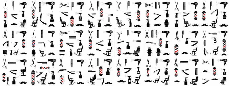 Barbershop equipment seamless pattern with iconic silhouettes of scissors, combs, razors, chairs, hair dryers, and classic red and white striped poles.