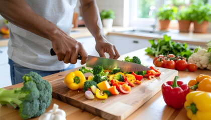 Chef in apron chopping vegetables for stir fry high resolution photo