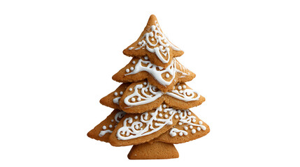 Gingerbread christmas tree cookie decorated with icing isolated on transparent background for holiday season