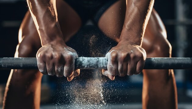 Cinematic shot of weightlifter hands preparing for heavy lift high resolution photo