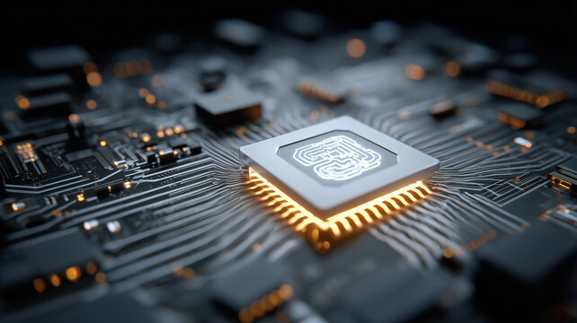 White chip with a stylized circuit icon representing artificial intelligence, data processing and the central brain of modern technology.
 - Powered by Adobe