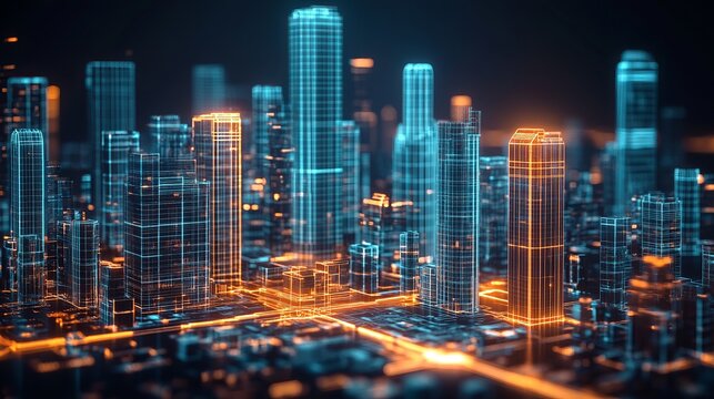 Futuristic cityscape aglow with vibrant neon lights, presenting a dynamic urban technology backdrop for innovation and modern design projects