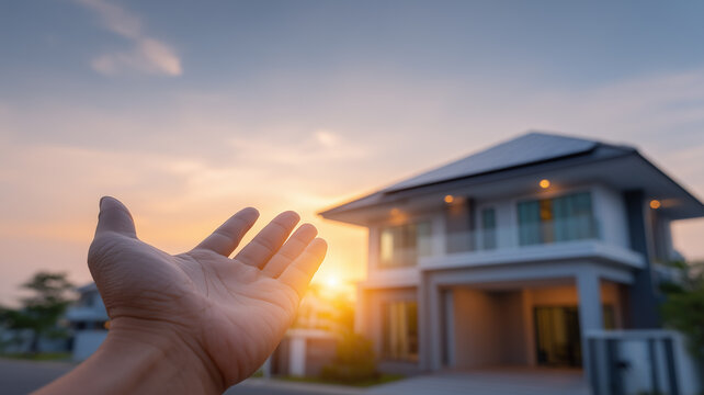 Open hand reaching toward a modern family house, representing invitation, home ownership opportunity and the promise of a better residential future.
 - Powered by Adobe