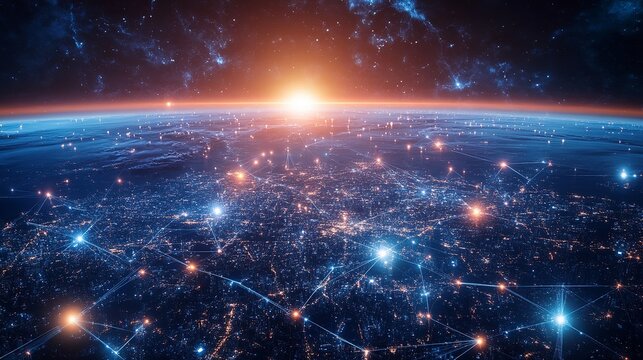 Stunning global network connecting the world with vibrant lights from space, symbolizing innovation and interconnectedness for technology businesses