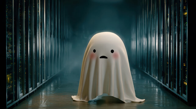 Sad digital art ghost character feeling lost in dark server room. This cute paranormal spirit represents system error or service unavailable