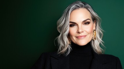 Senior woman radiates joy and elegance against a dark green backdrop showcasing her confident smile and stylish attire