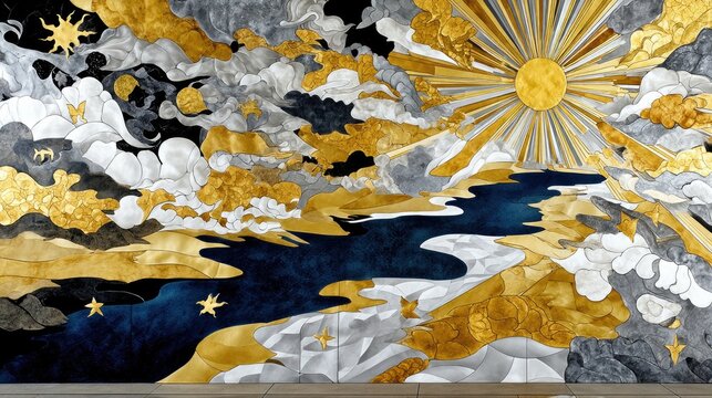 A stylized, abstract landscape featuring a radiant sun, swirling clouds, and a flowing river rendered in metallic gold, silver, and deep blue.