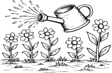 Watering Can Pouring Water onto Flowers in a Garden | Black and White Outline Illustration for Coloring Books, Educational Resources, and Gardening Themes