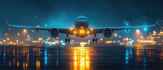 An airplane landing on the runway at night illuminated by bright lights with reflections on wet asphalt and a city skyline background