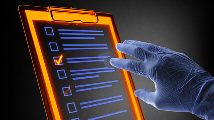 Gloved hand interacting with digital checklist on futuristic clipboard to verify medical tasks, reinforce safety standards and ensure clinical compliance.
