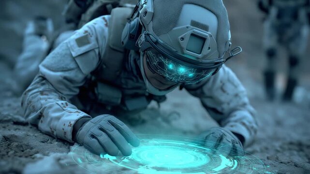 A soldier lies on the ground, using augmented reality visor to analyze tactical information during a military training exercise