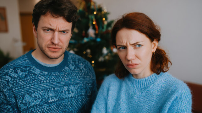 Angry, irritated couple experiences relationship conflict during Christmas holiday. unhappy man and woman show their frustration